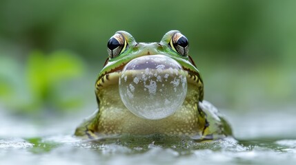 Fototapeta premium A bullfrog croaking in a misty swamp, its throat expanding into a translucent bubble.