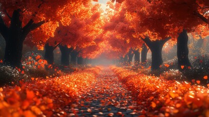 Magical autumn path through vibrant red leaves
