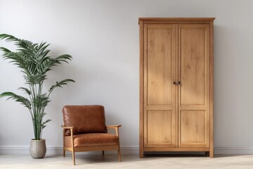 Wooden wardrobe, leather armchair, plant, minimalist room, interior design (1)