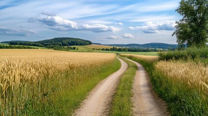 Obraz premium Scenic Country Road Through Golden Wheat Fields Under Blue Sky with Fluffy Clouds on a Sunny Day in a Serene Rural Landscape