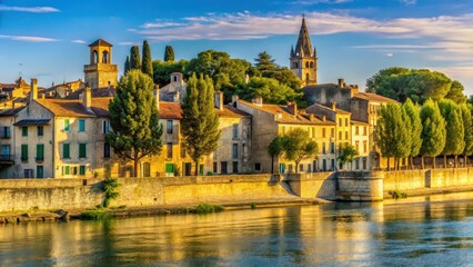 Obraz premium Sunny afternoon on the Rhone River Quay in Arles with cypress trees and old stone buildings in the background, Quay, Arles