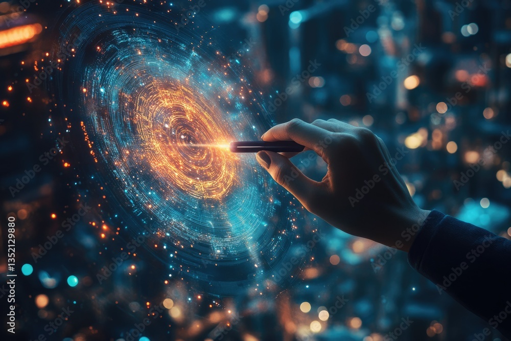 Aufkleber A hand interacts with a glowing digital sphere, representing data visualization and technological innovation.