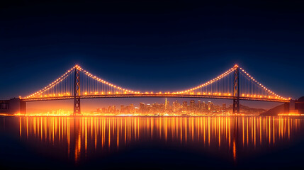 Obraz premium Night cityscape, illuminated bridge, city skyline reflection, tranquil waters; travel brochure