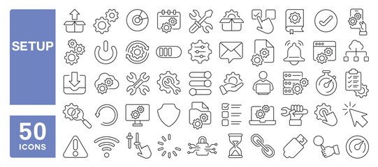 Set of 50 line icons related to setup, gear, settings, software, maintenance, upgrade, updates, wrench, restore, panel, computer, system, install, Editable stroke. Vector illustration