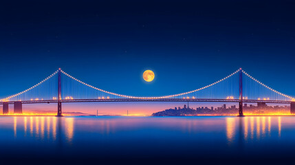 Obraz premium Night cityscape, illuminated bridge, full moon, city skyline reflection