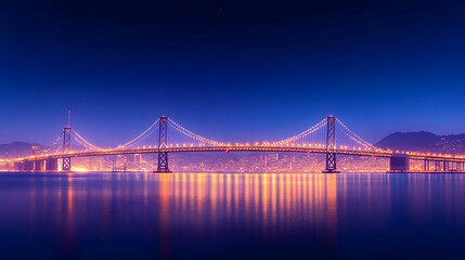 Obraz premium Night cityscape, illuminated bridge, tranquil bay, city skyline reflection; travel, tourism poster