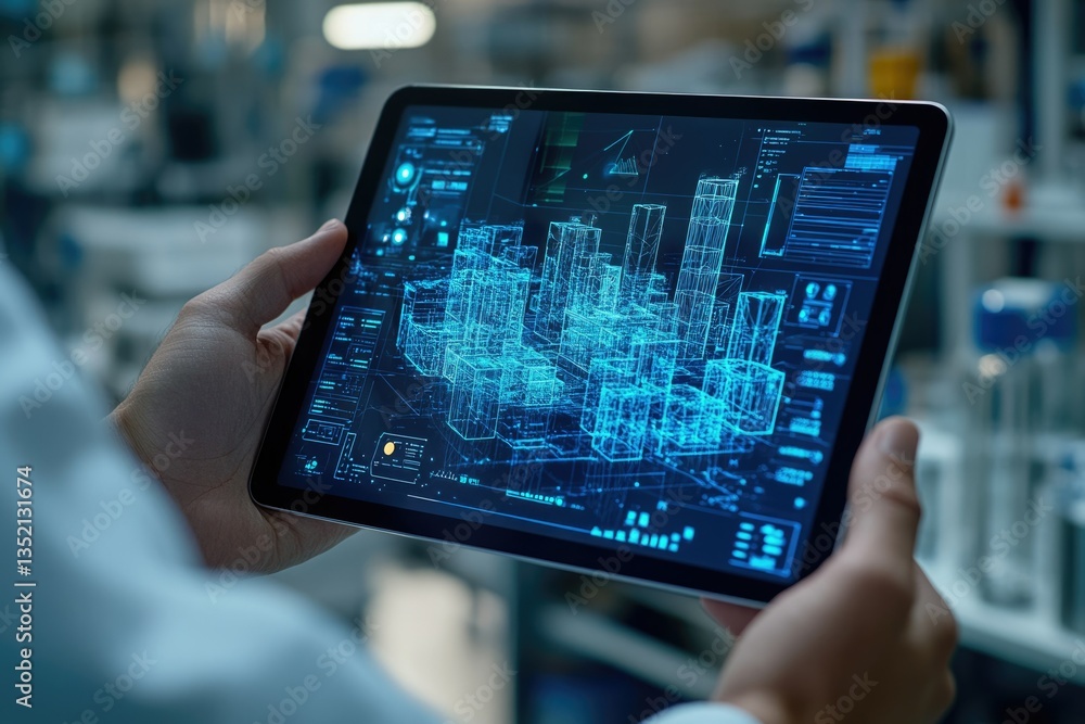 Aufkleber a person examines a digital 3d model of a city displayed on a tablet, showcasing technological advan