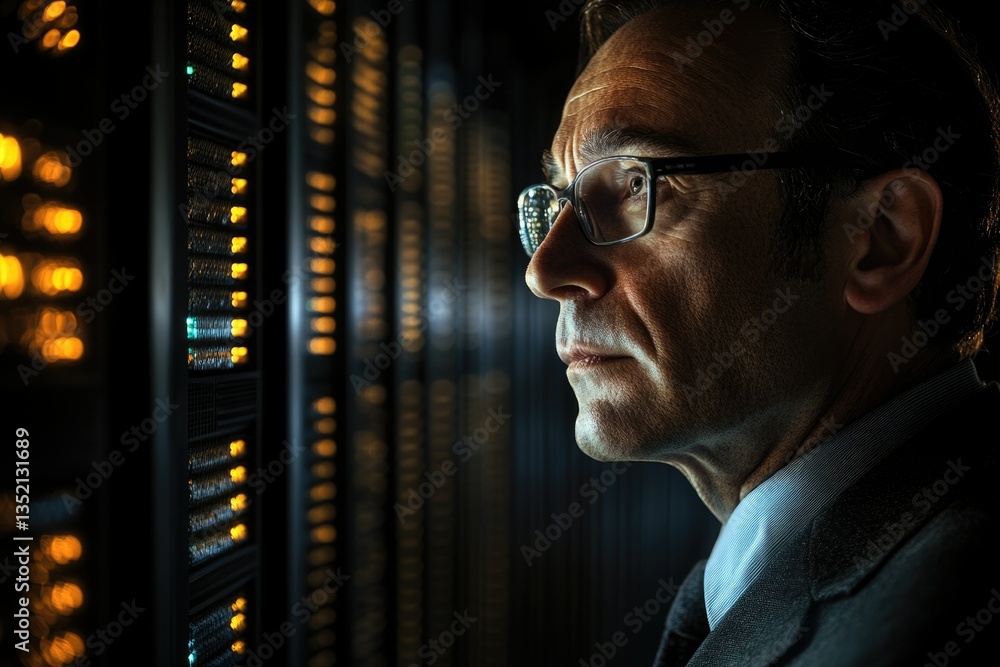 Poster A pensive IT professional gazes at rows of brightly lit servers in a data center.