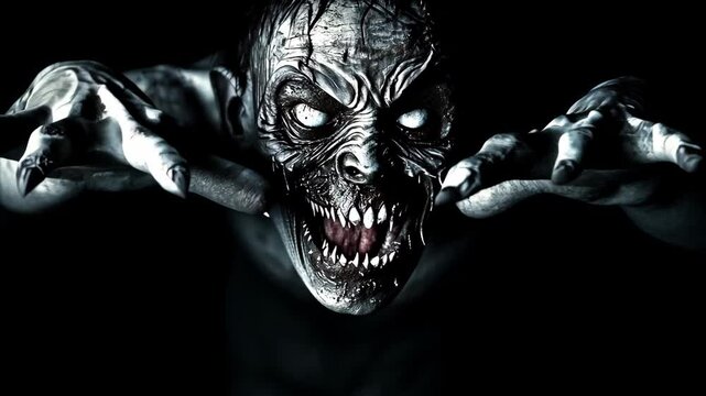 A menacing creature with glowing eyes and sharp teeth lurks in the shadows, poised to leap forward and attack