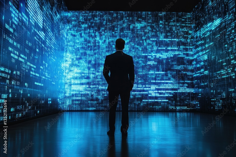 Fototapete A man in a suit stands before a large digital wall displaying lines of code, symbolizing the vastness of data and digital technology.