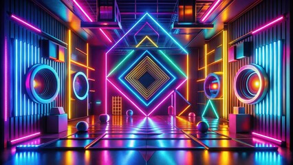 Vibrant Abstract Art Featuring Neon Colors and Geometric Patterns, geometric shapes