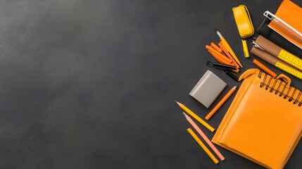 Orange stationery on dark background; back to school supplies; copy space; flat lay