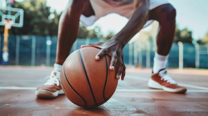 Close-up of a basketball player's hands dribbling the ball, symbolizing skill and control.