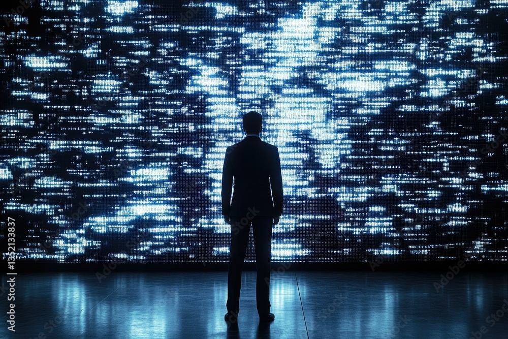 Poster A businessman stands before a large screen displaying a flowing stream of digital code, symbolizing the vastness of data and technology.