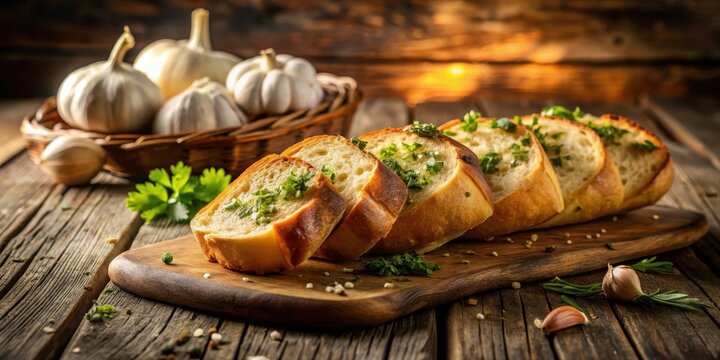 Freshly baked garlic bread on a rustic wooden table with a soft golden light illuminating the crumbs and the melted cheese, golden light, rustic