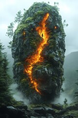 Mystical rock formation with glowing interior, nestled in a misty forest