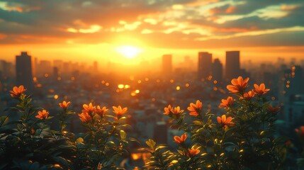 Orange flowers bloom at sunset, overlooking a city skyline