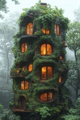 Mystical treehouse nestled in a misty forest, glowing windows