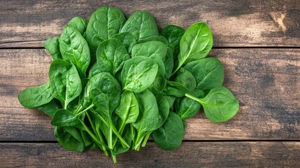 Fototapeta premium Fresh Spinach Leaves on Wooden Table, Organic Green Vegetables for Healthy Eating, Natural Food for Cooking and Nutritional Benefits in Photography