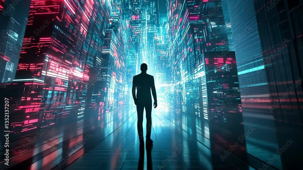 Poster a lone male figure walks through a dynamic digital metropolis illuminated by colorful lights and tow