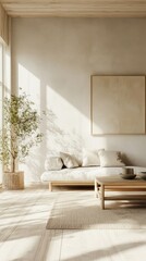 A minimalist living room with wooden furniture and natural light