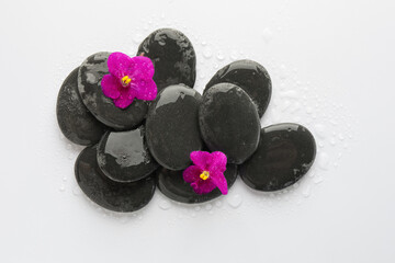 Wet spa stones and beautiful flowers on white background, flat lay