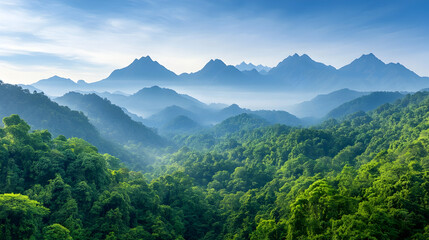 Naklejka premium Misty mountain range landscape, lush green forest, tranquil sunrise, scenic travel destination