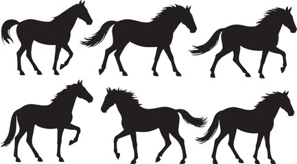 Fototapeta premium Collection of horse silhouettes in vector style showing different horses running and standing, including wild and domestic breeds like stallions and mustangs, designed for animal illustrations