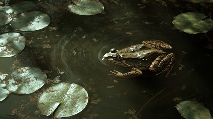 A high-angle view of a frog in a lily pad-covered pond, its body perfectly still.