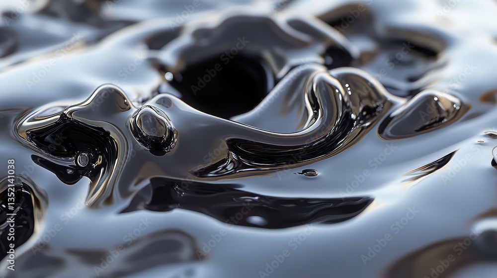 Poster high-resolution close-up of a glossy black liquid surface with intricate ripples and reflections, sh