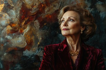 Fototapeta premium Elegant older woman in a maroon velvet jacket, against a richly textured abstract background, exudes sophistication and timeless grace.