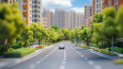 Obraz premium A serene urban street scene featuring a blurred view of modern apartment buildings. lush trees lining the sidewalk. and a quiet road with a distant car passing by. evoking a peaceful atmosphere