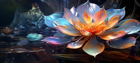 an extremely detailed study of a chrome flower standing in a psychedelic landscape, ai generative