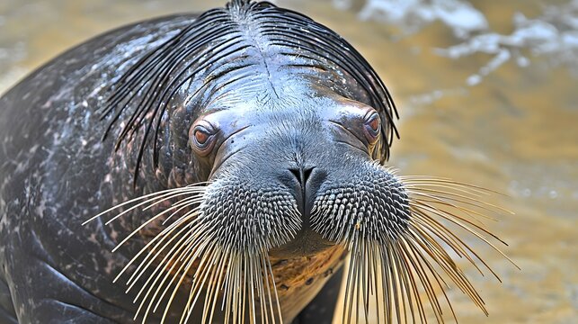 Walrus with a wet nose and prominent whiskers displaying a serene expression on a snowy landscape
