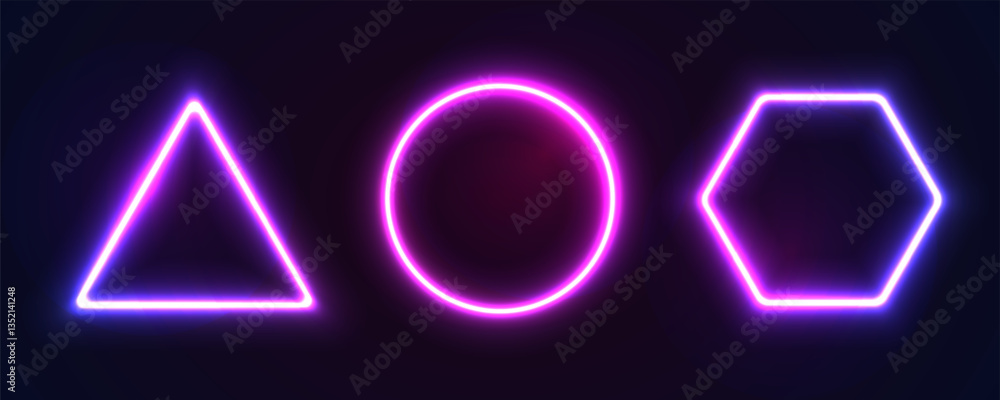 Poster neon frame round, triangle and hexagon. glow shape set for disco, night club. abstract neon banner s