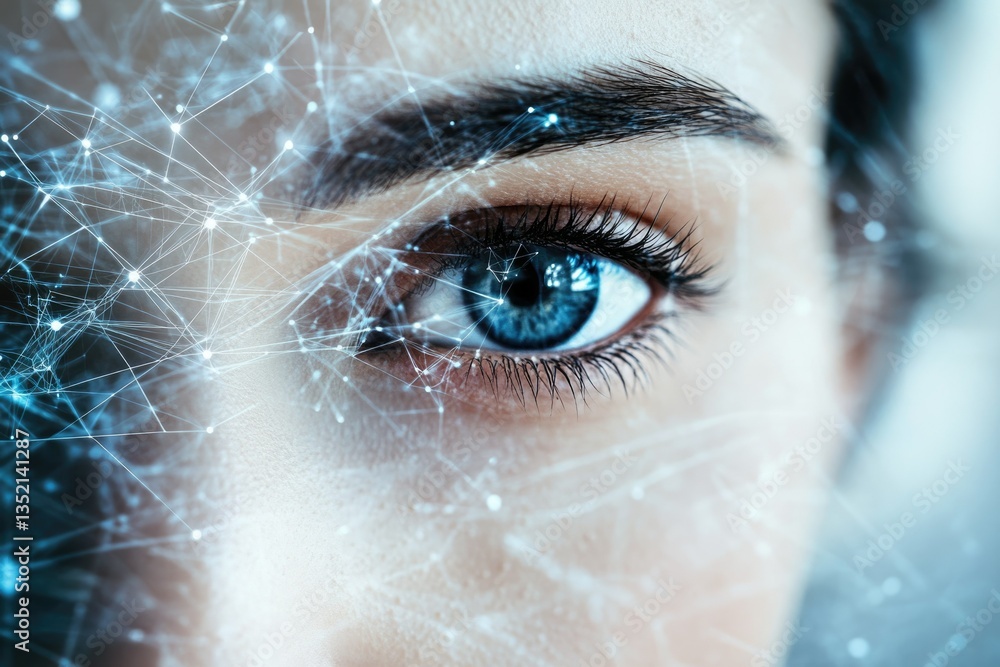 Poster a close-up of a woman's eye overlaid with a network of interconnected nodes, representing digital co