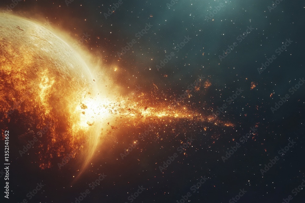 Poster a celestial object undergoing violent fiery explosive destruction in space