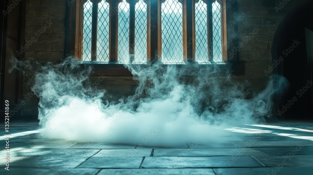 Poster mystical fog rolling across a stone floor beneath sunlight filtering through gothic windows in a his