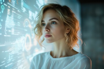 A young woman with blonde hair gazes thoughtfully at a futuristic digital interface filled with data streams.