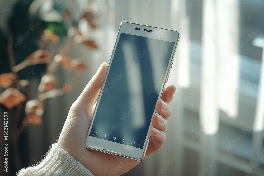 Poster a hand holds a white smartphone near a window, showcasing the device's sleek design and blank screen