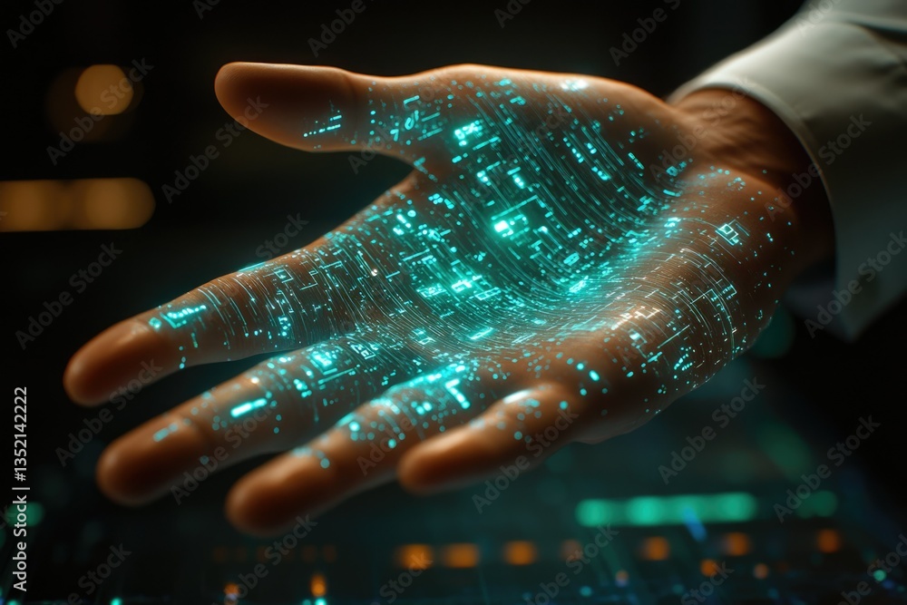 Aufkleber A hand displays glowing teal digital code, symbolizing technological integration and futuristic concepts.