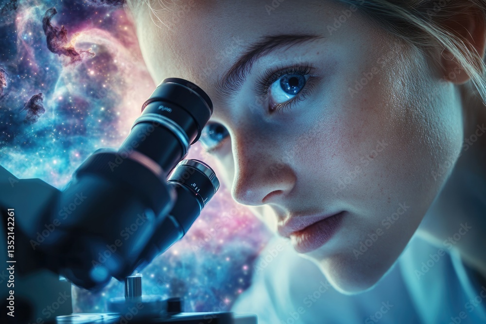 Poster young scientist intently peering through a microscope, cosmic nebula backdrop symbolizes exploration