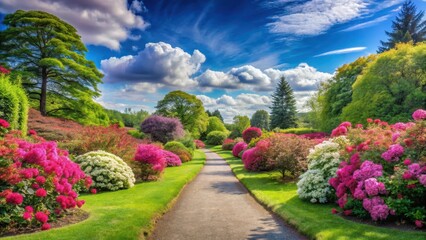 Fototapeta premium serene pathway in the park surrounded by vibrant pink flowers under a clear blue sky with fluffy white clouds and lush greenery, pink flowers, blossom