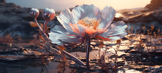 an extremely detailed study of a chrome flower standing in a psychedelic landscape, ai generative