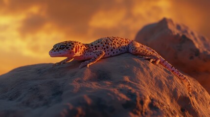 A leopard gecko resting on a warm rock, its spotted skin blending into the background.