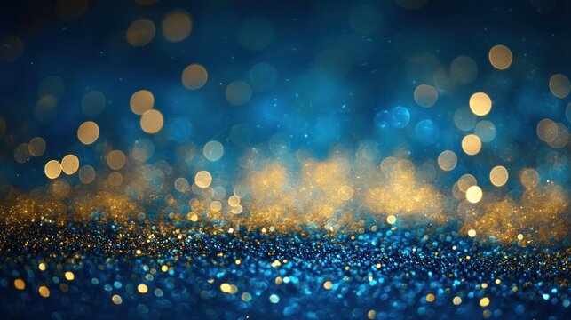 Abstract backdrop of blue and gold glitter bokeh lights