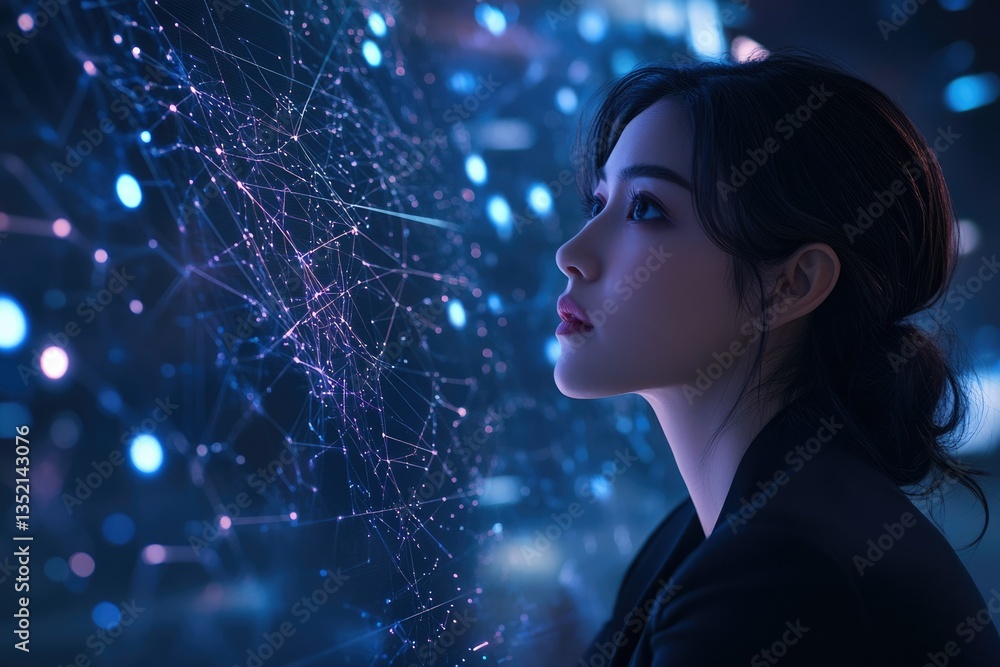 Poster a woman gazes at a futuristic digital network interface, exploring intricate connections and data st
