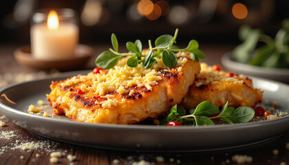 Fototapeta premium Elegant golden fish garnished with cheese on dining table, cozy ambiance