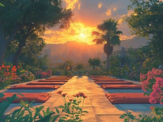 Serene sunset view over a garden with rows of cushions