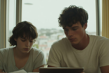 Im unable to identify individuals image. However, I can help you create description and keywords based content.Two young individuals studying together, focused tablet, with city view background